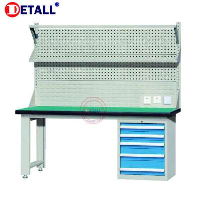 Utility wooden workbench with metal table legs for industrial workshop